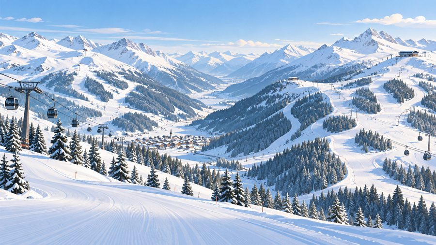 KI-generierte Illustration eines verschneiten Skigebiets mit Pisten und Seilbahnen im Tiroler Alpenraum