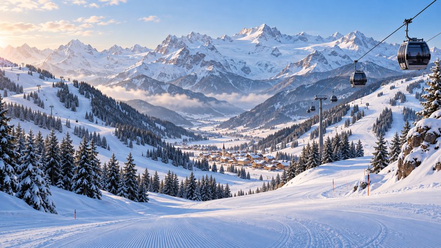 KI-generierte Illustration eines verschneiten Skigebiets mit Pisten, Seilbahnen und Dorf in den Tiroler Alpen.