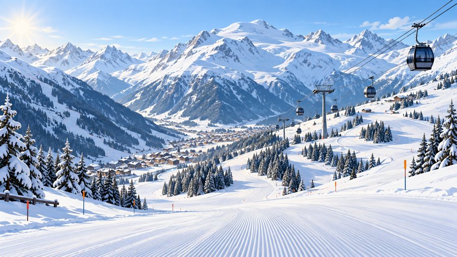 KI-generierte Illustration eines verschneiten Skigebiets bei Sölden mit Pisten, Seilbahnen und Alpental.