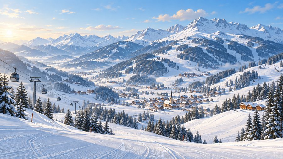 KI-generierte Illustration eines verschneiten Alpen-Skigebiets mit Liften und Bergdorf