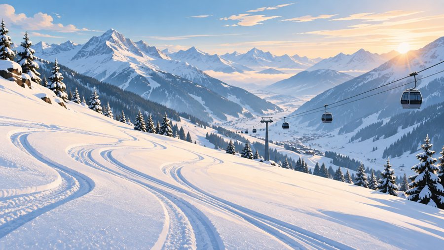 KI-generierte Illustration eines verschneiten Skigebiets bei Ischgl mit Pisten und Seilbahn.