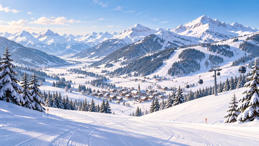 KI-generierte Illustration eines verschneiten Alpendorfs mit Skipisten und Bergbahnen in den Tiroler Alpen
